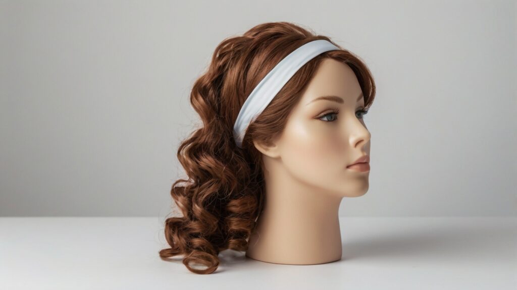 A flat-lay image of a headband wig placed on a white background with a soft headband attached, showcasing natural curls.
