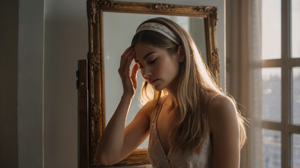 A woman adjusting her headband wig in front of a mirror, with natural light coming through a window.