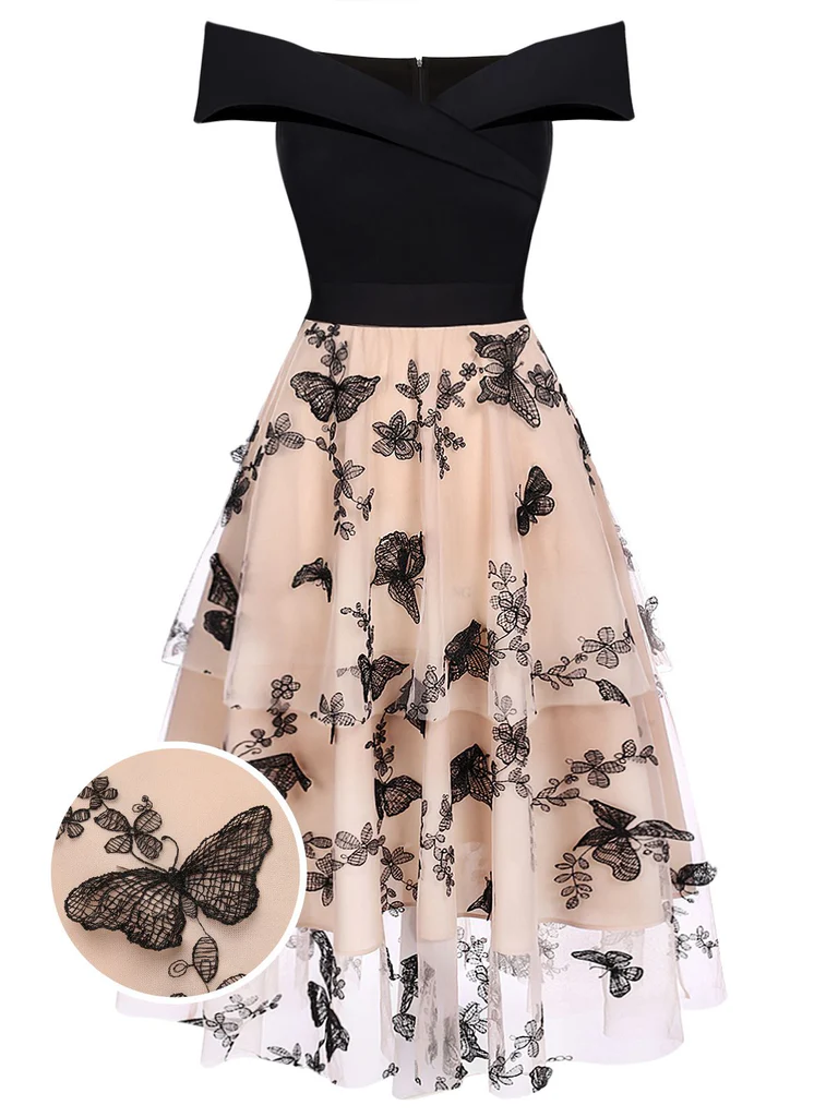 1950s Off-Shoulder Lace Butterfly Swing Dress
