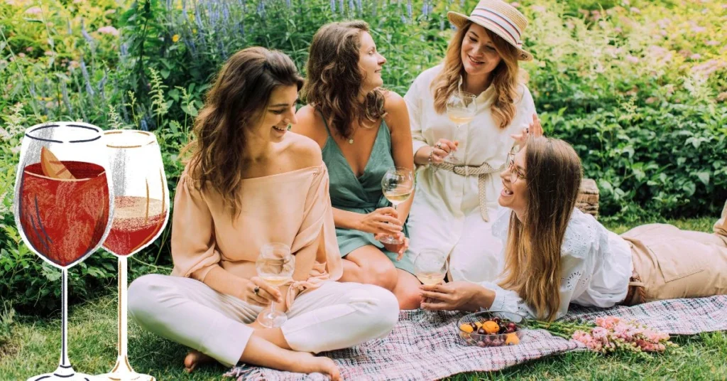 women enjoying italian garden party with fashionable dresses