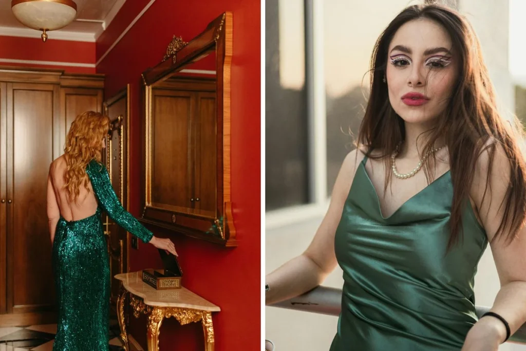 2 women wearing evening wear dresses in different settings